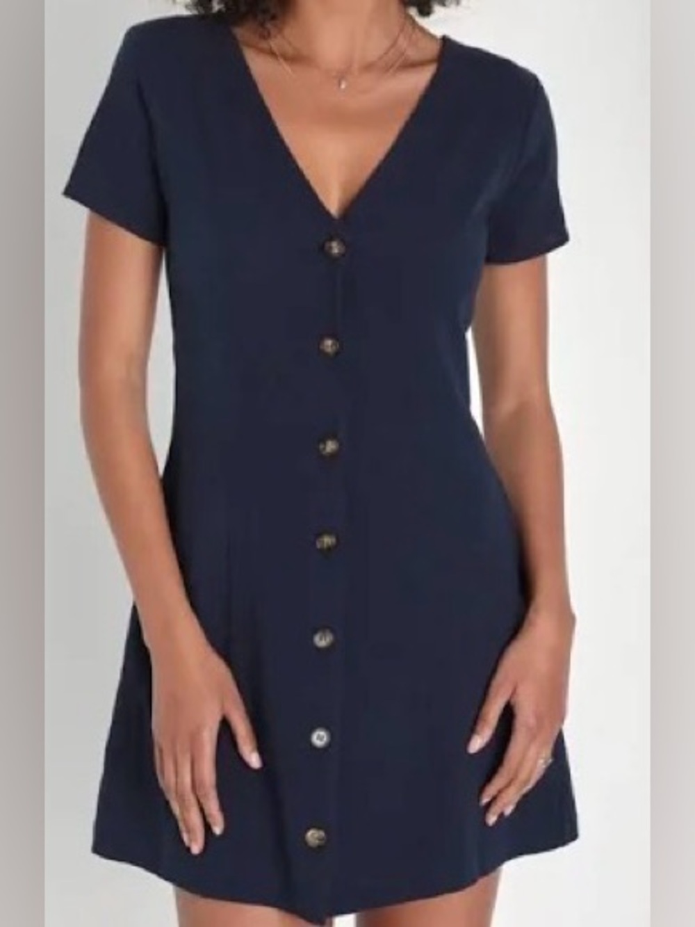 Lulu’s Navy Button-Front V-Neck Dress with Pockets
